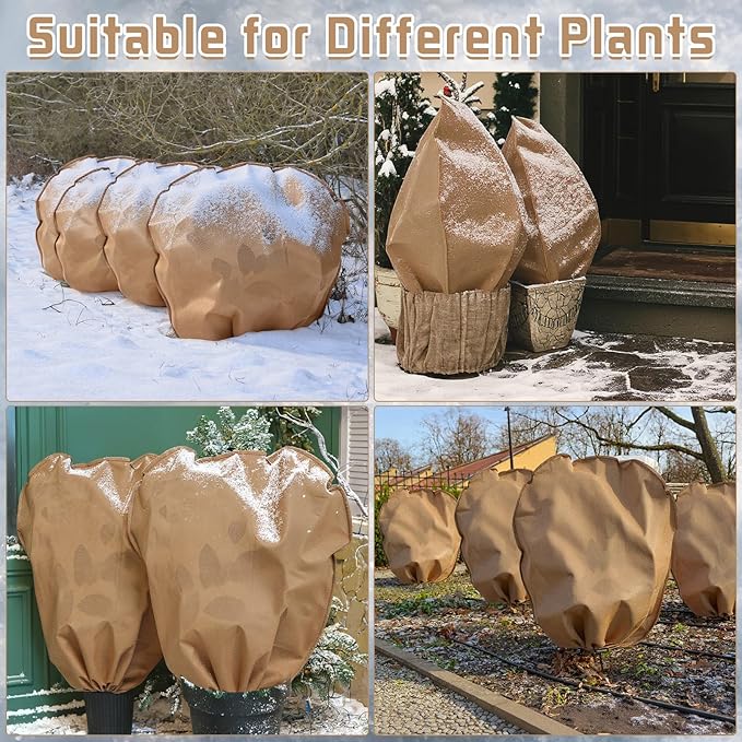 6 Pcs Winter Plant Covers Freeze Protection 39.4 x 39.4 Inch Horizontal Shrub Tree Rose Plant Protection Bags Frost Blanket with Drawstring for Fall Winter Outdoor Garden Planting, Brown