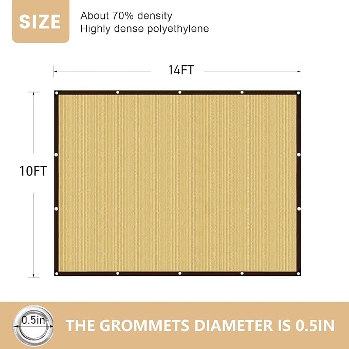 QNLONG Shade Cloth for Garden， 90% Beige Shade Net Mesh Tarp with Grommets Sun Shade Cover Tear Resistance for Plants Greenhouse Chicken Coop Vegetables Pergola 10x14FT