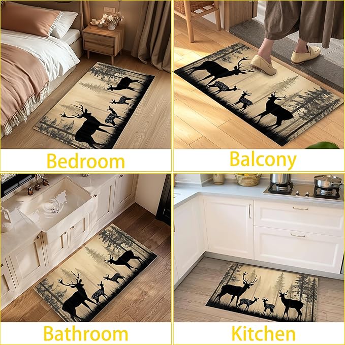 Vintage Forest Deer Family Welcome Mat Indoor,Rustic Animal Front Door Mat,Non-Slip Entryway Rug, Low Profile Felt Indoor Doormat for Back Door Porch Patio Entrance,30 x 17 Inch