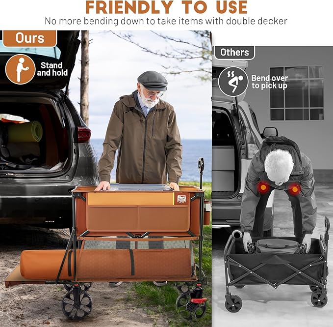 TIMBER RIDGE 400L Large Capacity Folding Double Decker Wagon with Brakes, 54" Extra Long Extender Wagon Cart, 450lbs Heavy Duty Collapsible Cart, All-Terrain Big Wheels for Camping, Sports, Shopping