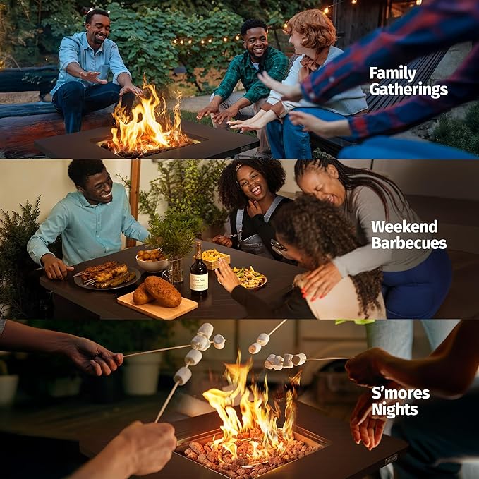 EAST OAK 32" Outdoor Propane Fire Pit Table | 50,000 BTU Gas Fire Pit Table for Outside with Magnetic Lid | Storage Basket & Lava Rocks | CSA Certified for Patio, Garden & Backyard | Brown