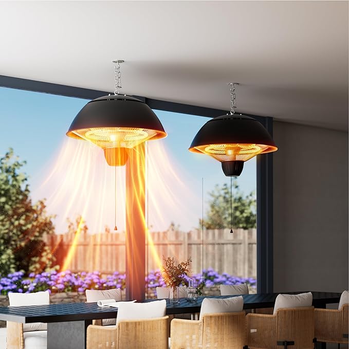 Electric Outdoor Heater, 1500W Hanging Ceiling Mounted Infrared Patio Heater for Outdoor Use, Waterproof Electric Heater for Porch, Balcony, Garage, Adjustable Height, Black