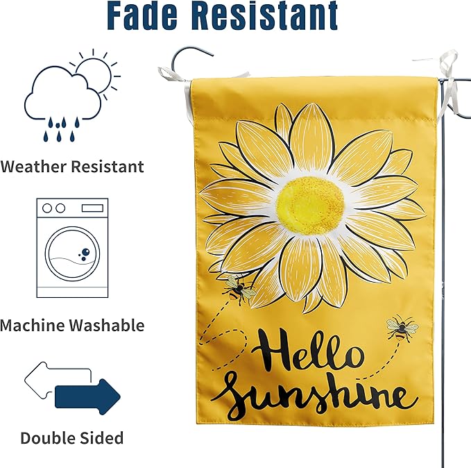 Hello Sunshine Garden Flag Bee Sunflower Flag Summer Garden Flags for Outside Yellow Flower Flag 12x18 Double Sided Yard Outdoor Front Porch Decor