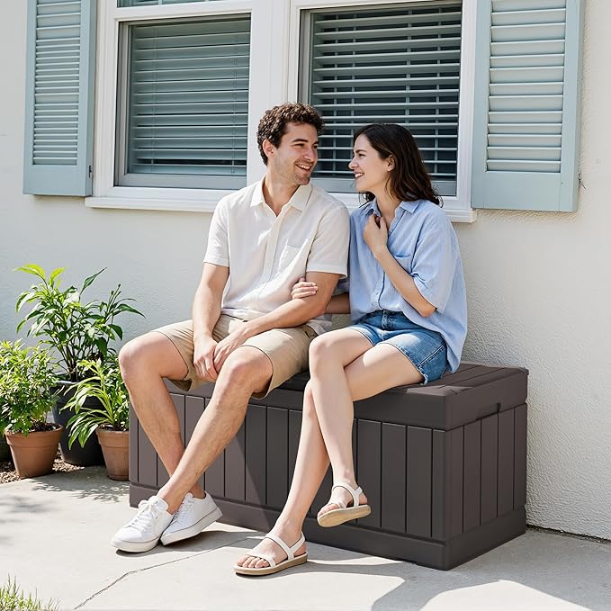 Devoko 78 Gallon Deck Box, Waterproof Resin Outdoor Storage Box for Outside and Patio, Outdoor Storage Bench Lockable for Patio Furniture, Garden Tools and Pool Supplies (Brown, 78 Gallon)