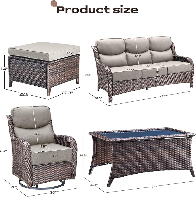 Wicker Outdoor Patio Furniture Set - 6 Piece Patio Conversation Sets with Swivel Rocker Chairs, Ottomans, Sofa and Coffee Table, 6 inch Cushions, Deep Seating, for Porch Deck Brown/Beige