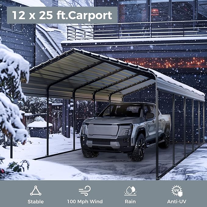 GREEN PARTY 12 x 25 ft Metal Carport Kits with Galvanized Steel Roof, Heavy Duty Metal Carport Canopy, Outdoor Car Tent Metal Garage Shelter for Car, SUV, Truck and Boats, Grey