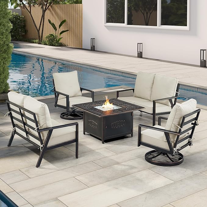 Oakland Living Black Aluminum Patio Fire Table Set with Two Deep Seating Loveseat with Cushions and Two Club Chairs with Light Grey Cushions