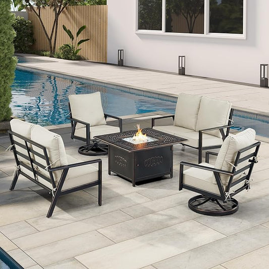 Oakland Living Black Aluminum Patio Fire Table Set with Two Deep Seating Loveseat with Cushions and Two Club Chairs with Light Grey Cushions