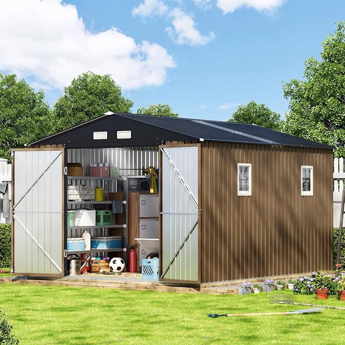 10X12X7.5 FT Outdoor Steel Storage Shed with Lockable Doors, 2 Windows, Transparent Roof Panels (Wood Panels & Frame Floor Not Included), Ideal for Patio Storage,Garbage Can, Chicken Coop，Brown