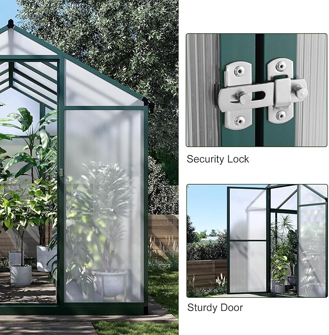 10x6.25FT Greenhouse,Easy Assembly Aluminum Polycarbonate Walk-in Greenhouse with Roof Vent, Large Outdoor Garden Green House,Patio,Backyard,Green