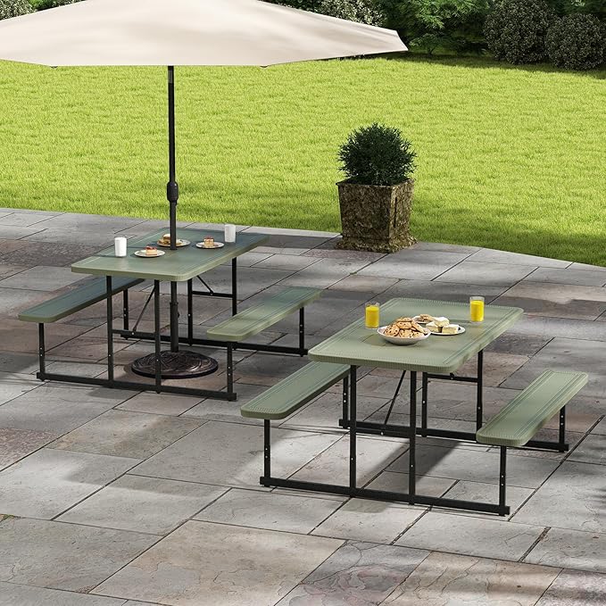 Tangkula Picnic Table, HDPE Outdoor Rectangular Table Bench Set with 2 Built-in Benches, Umbrella Hole, Metal Frame for 4 Person, Garden Yard Patio Lawn