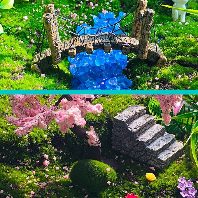 Kai Dream Fairy Garden Accessories, Fairy Garden Kit, 118 Pieces of Miniature Decor: Mushrooms, Bridge, Steps, Moss, Furniture Figurines, Fake Fence, Flowers, and Blue Crystal Gravel