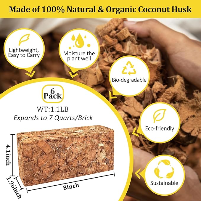 Riare 6 Pack Coco Chips Substrate for Plants- 6.6lb 100% Organic Coconut Husk Brick with Low EC and pH Balanced, High Expansion Coconut Substrate Coco Husk Mulch for Garden Flowers, Herbs, Planting