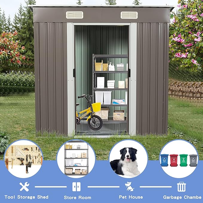 6 x 4 FT Outdoor Storage Shed,Metal Anti-Corrosion Utility Tool House with Punched Vents, w/Sliding Doors & Padlock,Waterproof Garden Sheds for Backyard Lawn Patio,Grey