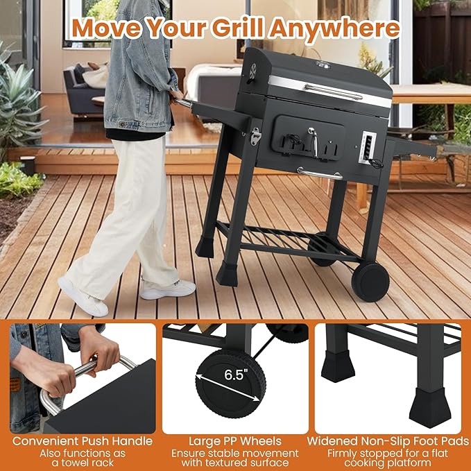 Happygrill Barrel Charcoal Grill with 2 Folding Side Tables, 24-Inch Outdoor Barbecue Grill w/544 sq.in Cooking Area, 6-Gear Charcoal Tray & Storage Shelf, Portable Griddle w/Wheels for Camping Picnic