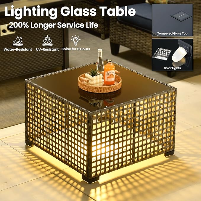 ovios 8 Pieces Patio Furniture Set Outdoor Sofa Couch with Solar Lights Table Comfy Cushions, Modern Deep Seat Wicker Rattan Conversation Set for Porch Deck, Denim Blue