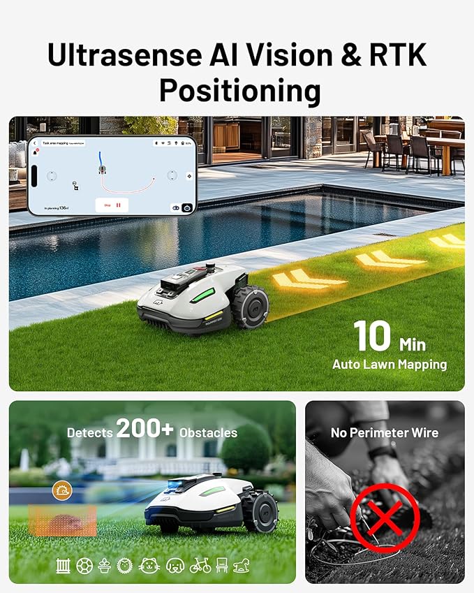 YUKA Mini 500H Robotic Lawn Mower Reception 0.12 Acre,Max. 0.17 Acre, Ultrasense AI Vision+ RTK Positioning, Auto Mapping, App Control, 50% Slope, Cutting Height 2''~3.5'', 15 Mowing Zones