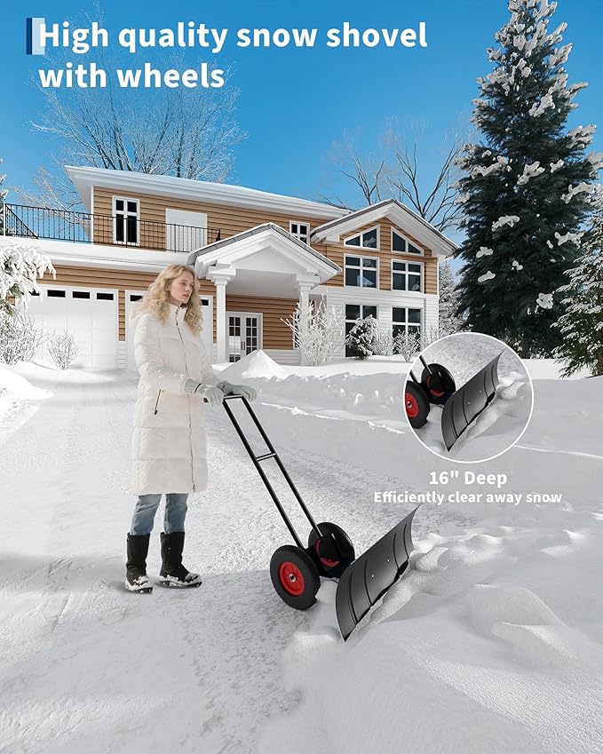 Large 40" W X 18" H Snow Shovel Pusher for Driveway, Metal Snow Pusher with Wheels, Ergonomic Snow Pusher Shovel with Snow Removal Adjustable Angle & Height Handle for Driveway, Double Rod