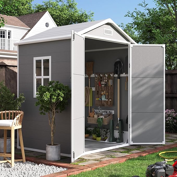 UDPATIO Outdoor Resin Storage Shed 6x4.5 FT, Plastic Garden Shed for Bike, Garbage Can, Tool, Outside Sheds with Lockable Door for Backyard, Patio, Lawn, Grey & White