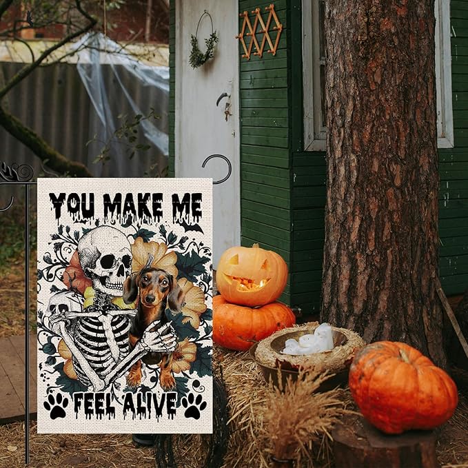 Halloween Garden Flag Skeleton and His Dachshund Vertical Double Sided Flags for Holiday Farmhouse Patio Yard Outdoor Party Decor Decorations Gifts - 12.5 x 18 Inch