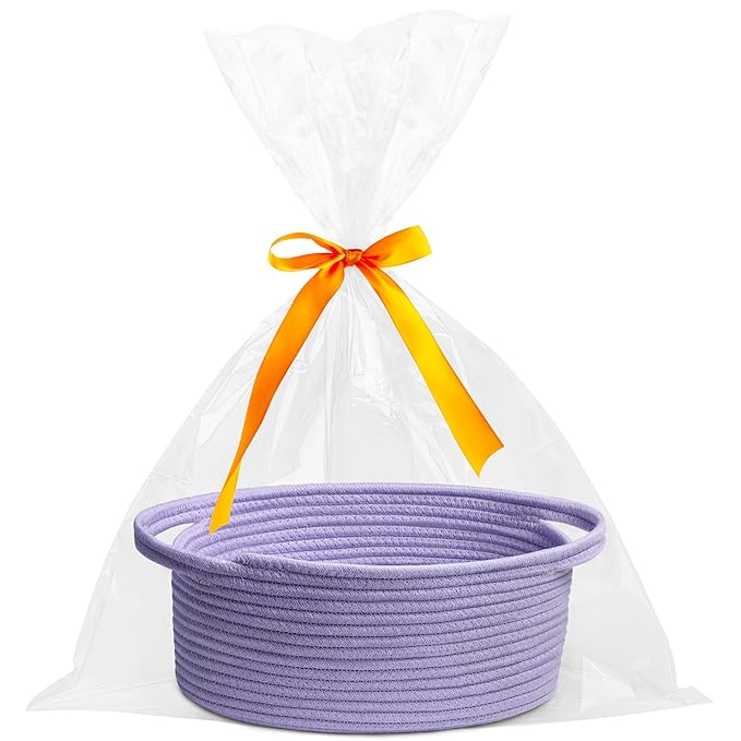 Pro Goleem Small Woven Basket with Gift Bags and Ribbons Durable Baskets for Gifts Empty Small Rope Basket for Storage 12"X 8" X 5" Baby Toy Basket with Handles, purple