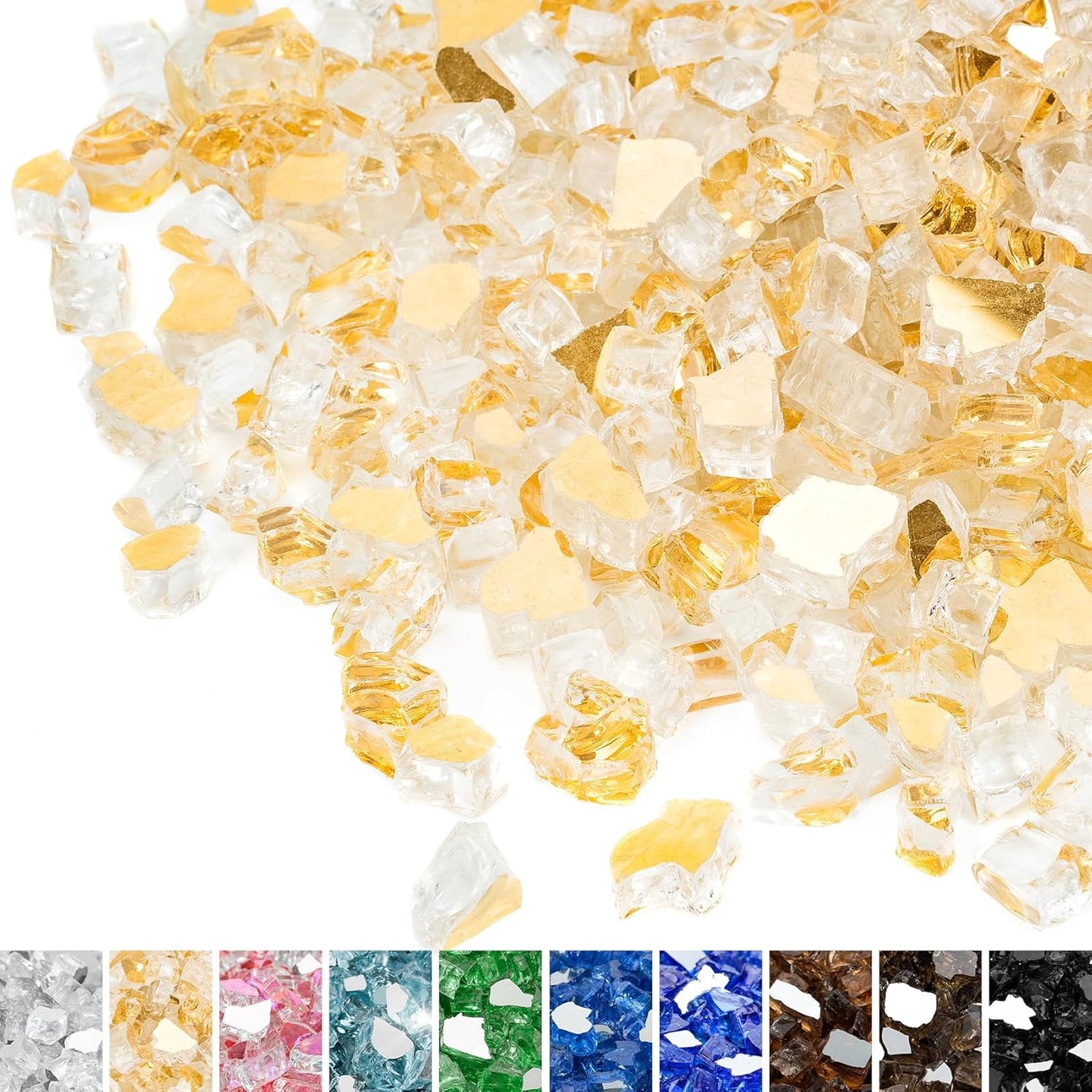 Mr. Fireglass 10 Pounds Fire Glass - 1/2 Inch High Luster Reflective Tempered Glass Rocks for Fireplace Fire Pit Table and Landscaping, Gold