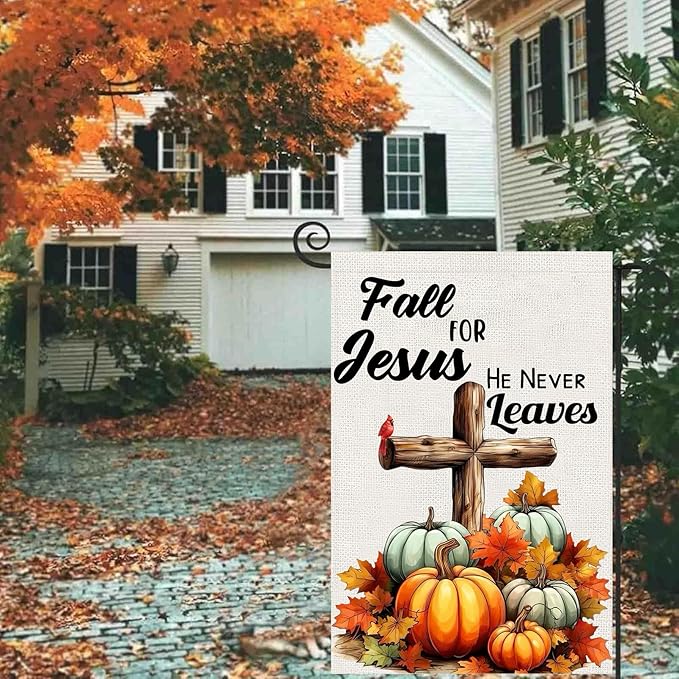 Fall Cross Pumpkin Garden Flags 12x18 Double Sided, Fall for Jesus He Never Leaves Yard Flag for Outside, Autumn Thanksgiving Holiday Seasonal Religious Outdoor Decorations for Home