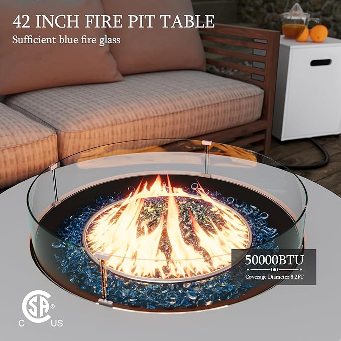 UPHA 42-inch Outdoor Propane Gas Fire Pit Table 50000 BTU Iron Round Firepit for Outside Patio with Tank Hidden Table, Wind Guard, Removable Lid, Blue Glass Rocks, Rain Cover, White