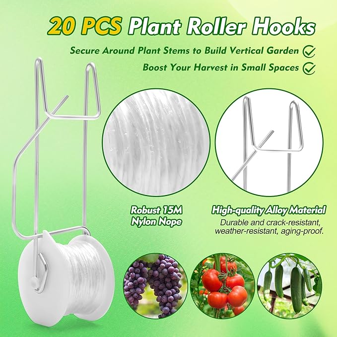 Coitak 20PCS Tomato Roller Hooks with 200PCS Tomato Support Clips, Plant Climbing Hook with 50ft String for Tomato Flower Vine Crop Trellis Kit
