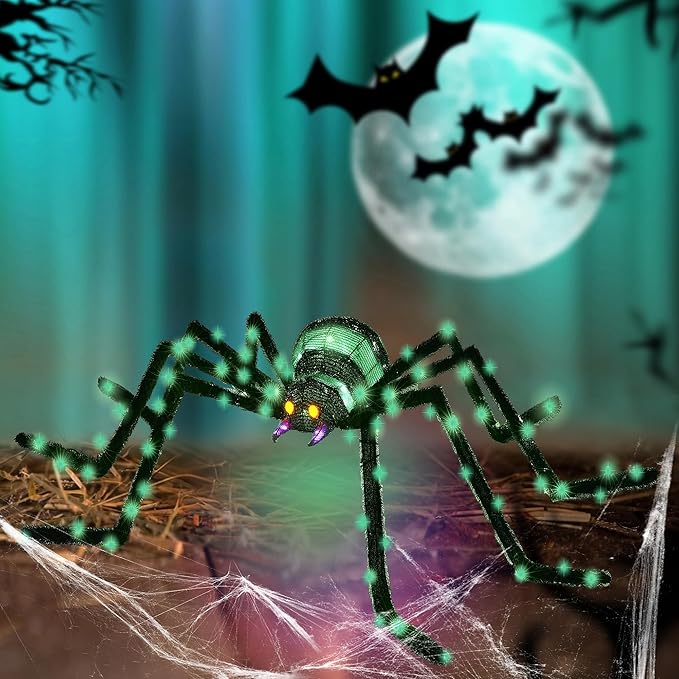 6.8Ft Giant Spider Halloween Decorations Outdoor 82" Light Up Spider with 115 LED Lights for Front Yard, Porch, Garden, Lawn, Halloween Party (Green)