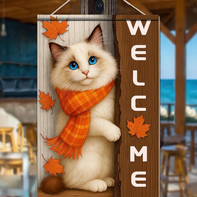 Thanksgiving Fall Garden Flag 12x18 Inch Welcome Blue Eyed Cat Outdoor Flag Double Sided Autumn Kitten Yard Banner with Orange Scarf Pet Decor for Porch Lawn Patio