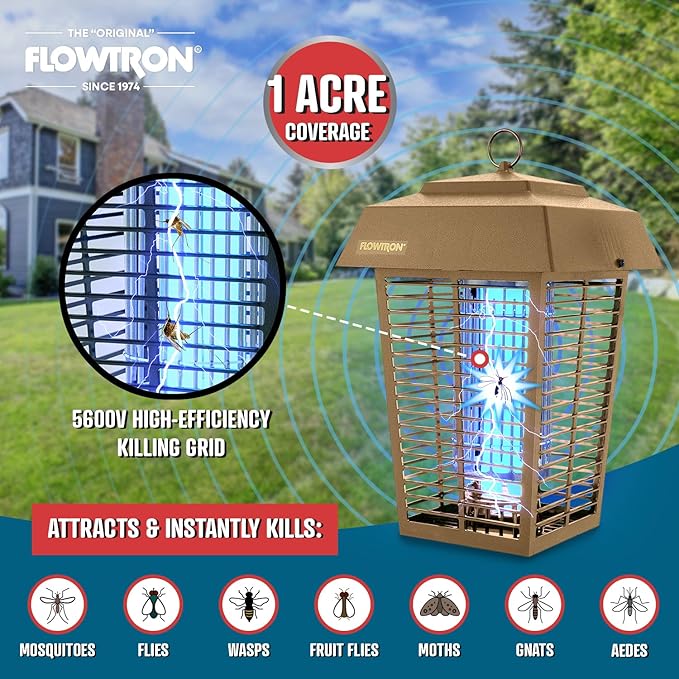 Flowtron Bug Zapper, 1 Acre of Outdoor Coverage with Powerful 40W Bulb & 5600V Instant Killing Grid, Electric Insect, Fly & Mosquito Zapper, Made in The USA - Tan Color