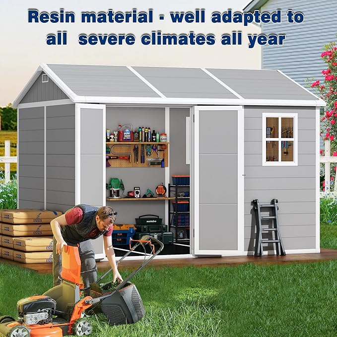 10x8 FT Resin Outdoor Storage Shed with Floor, Weather-Resistant Plastic Garden Shed with Windows, Lockable Door and Vents, Outside Tool Storage Sheds for Backyard, Garden, Patio, Lawn, Grey