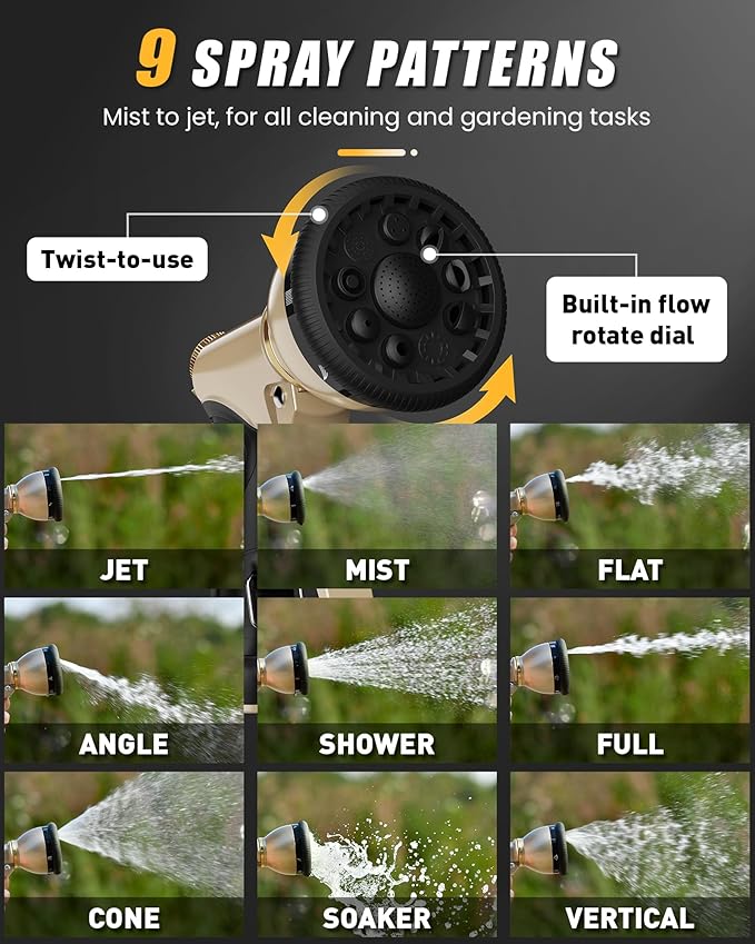 RAINPOINT Garden Hose Nozzle, Heavy Duty Metal Water Hose Sprayer Nozzle with 9 Adjustable Spray Patterns, High Pressure Hand Sprayer for Watering Plants & Lawns(Black)