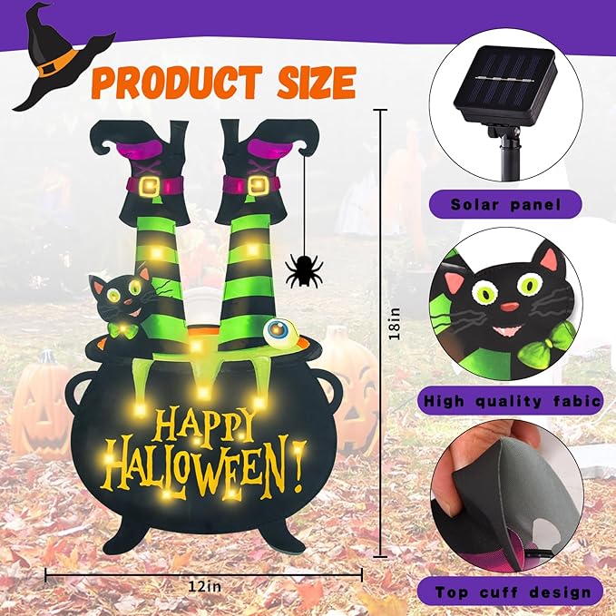 Halloween Lighted Garden Flag for Outside, Witch Feet Shape Flag Yard Decor, 8 Modes Double Sided Cauldron Eyeball Black Cat Outdoor Hlloween Decorations for Home Porch (Warm White-28x40)