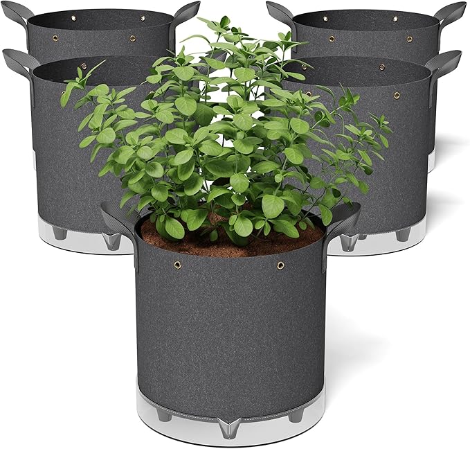 Self-Watering Grow Bags, 5-Pack 5 Gallon 420G Thick Nonwoven Fabric Pots with Reinforced Handles and Multi-Purpose Rings, for Low Stress Plant Training Fruits, Vegetables,and Flowers