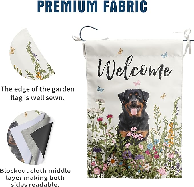Spring Summer Garden Flag Floral Rottweiler Yard Flag Flower Dog Garden Flags for Outside Small Outdoor Welcome Flags 12x18 Double Sided
