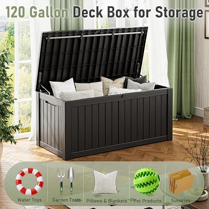 120 Gallon Deck Box,Waterproof Resin Outdoor Storage Box Lockable for Patio Furniture Cushions, Garden Tools, Heavy-Duty Double-Wall Structure with Gas Lift and Reinforced Seat Lid, Black