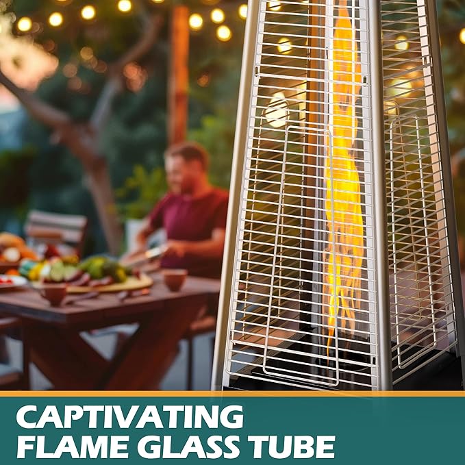 48,000 BTU Flame Pyramid Pool Heater, Triple Safety Protection Portable Patio Heater with Patio Cover, Warm Glass Tube with Durable Wheels-Black