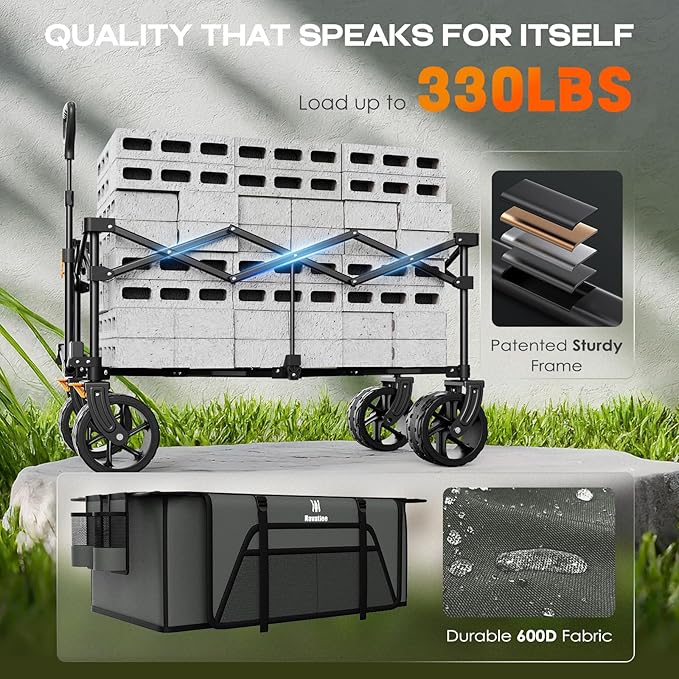 Navatiee Big Wheels Collapsible Wagon Cart Foldable, Heavy Duty Beach Wagon with Silent All-Terrain Wheels, Folding Utility Grocery Cart with Side Pocket and Brakes for Camping Garden Sports, Gray