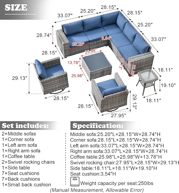 HOOOWOOO 9 Piece Modular Patio Outdoor Sectional Furniture Set with Swivel Rocking Chairs,Wicker Conversation Sofa Set,Outside Couch Set with Wide Arm(Denim Blue)
