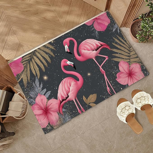 Front Door Mat,Pink Flamingo Doormat Outside Entrance,Non-Slip Gold Palm Leaves Entryway Rug for Porch Patio, Felt Low Profile Welcome Mat Indoor for Hallways, 30 x 17 Inch