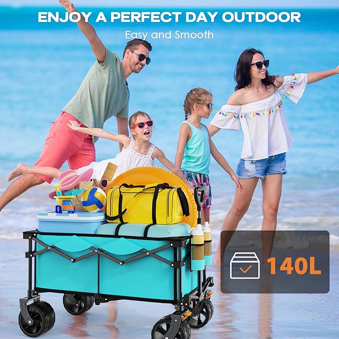Collapsible Wagon Cart Heavy Duty Foldable, Folding Beach Wagon with Big Wheels for Sand, Utility Grocery Cart with Side Pocket and Brakes for Sports Outdoor Activities, Light Blue