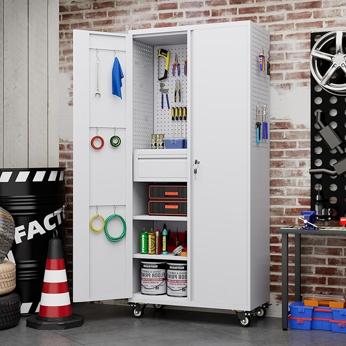 71" H Metal Garage Storage Cabinet with Wheels and Doors,Rolling Tool Cabinet with Pegboard,Rod and Drawer for Garage Warehouse Home,Required Assembly,White