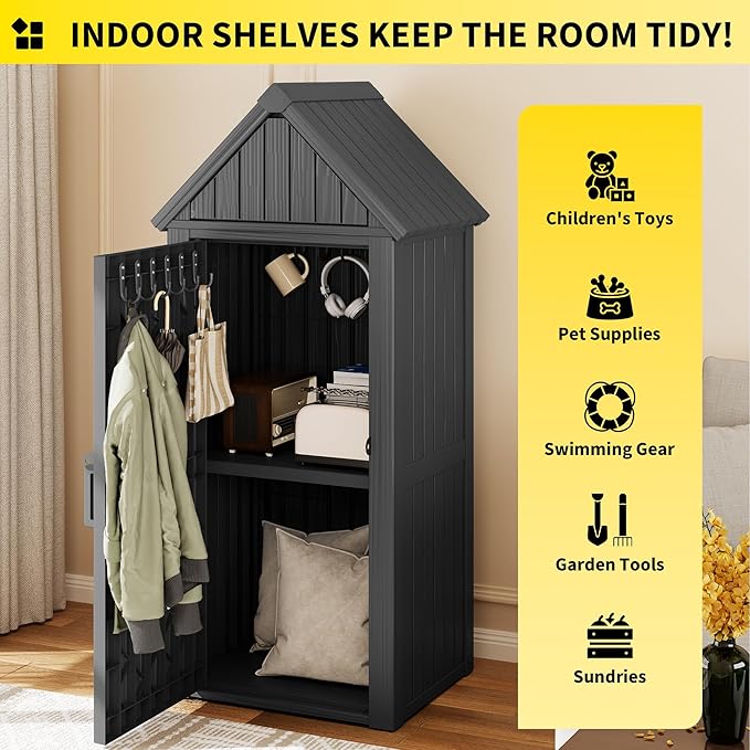 Outdoor Resin Storage Shed, Upgrade Durable Storage Cabinet with Removable Shelves and Lock Ring, Reinforced Floor, All-Weather Construction for Garden Patio Lawn (Black)