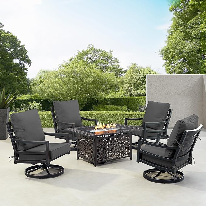 Oakland Living Black Aluminum Patio Fire Table Set with Four Club Chairs with Black Cushions