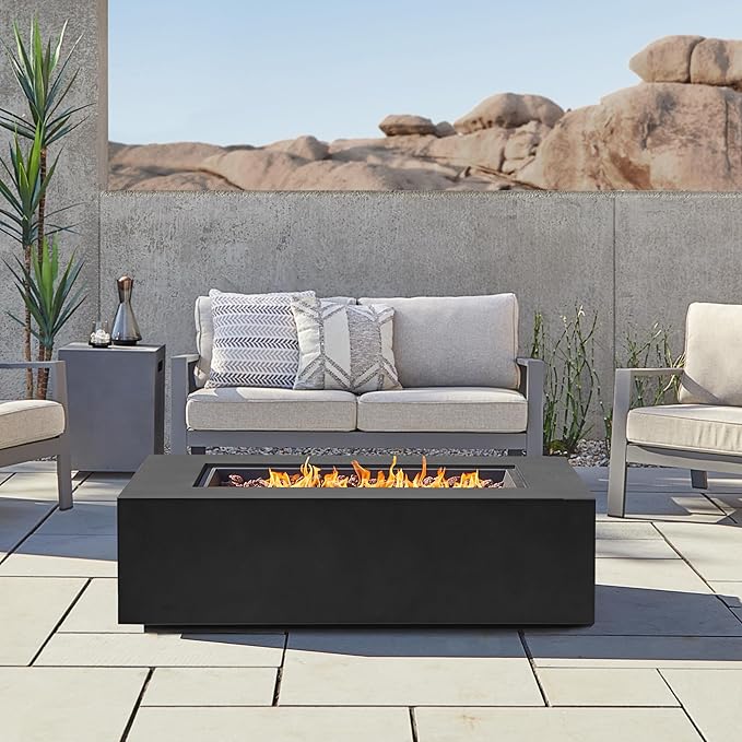 Real Flame Aegean 50in Rectangle Propane or Natural Gas Fire Pit Table, 50,000 BTU, Powder-Coated Steel, Push-Button Ignition, CSA Certified, Lava Rock, Storage Cover, Stainless Steel Burner with Lid
