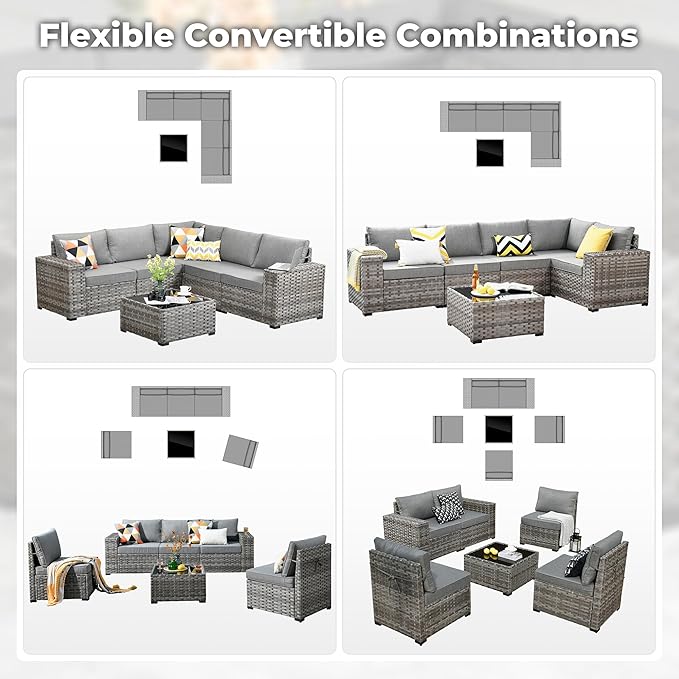 ovios 6 Pieces Patio Furniture Set, Outdoor Wicker Sectional Sofa with Glass Table Comfy Cushions, Modern Modular Deep Seat Couch Rattan Conversation Set, Dark Grey