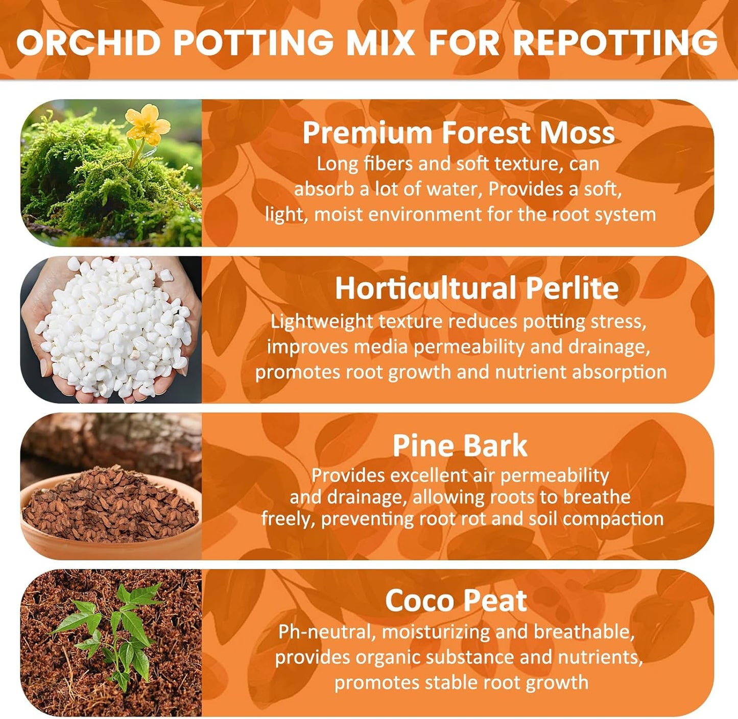 Legigo 2 QT Orchid Potting Mix- Natural Orchid Soil Mix for Repotting with Moss, Pine Bark, Coco Peat and Perlite, Enhanced Drainage Orchid Bark Potting Mix Repotting Kit for Indoor Plant Growth