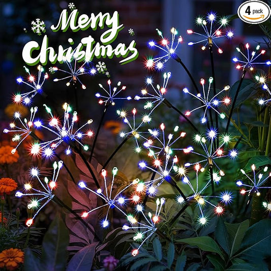 Solar Christmas Lights Outdoor, Solar Garden Decor, Outdoor Christmas Decorations, Gardening Supplies, Solar Powered Lights Waterproof for Yard Patio, Fairy Decor Firwork(4 Pack Multi-Colored)